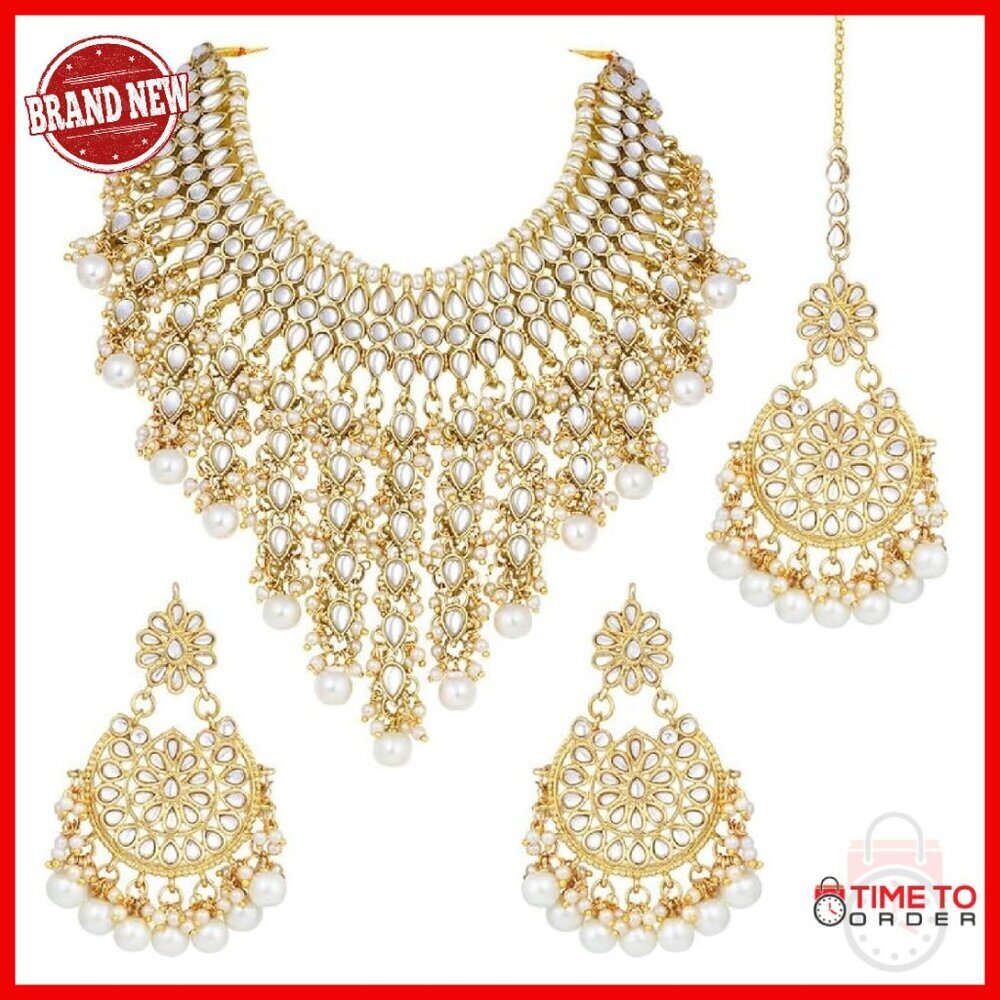 Faux Kundan Studded Choker Necklace Set with Maang Tikka Ethnic Jewelry